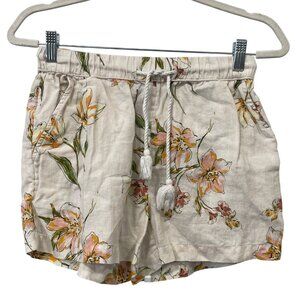 Rachel Roy Linen Shorts Size Small Floral Pull On Tassel Drawstring White Multi